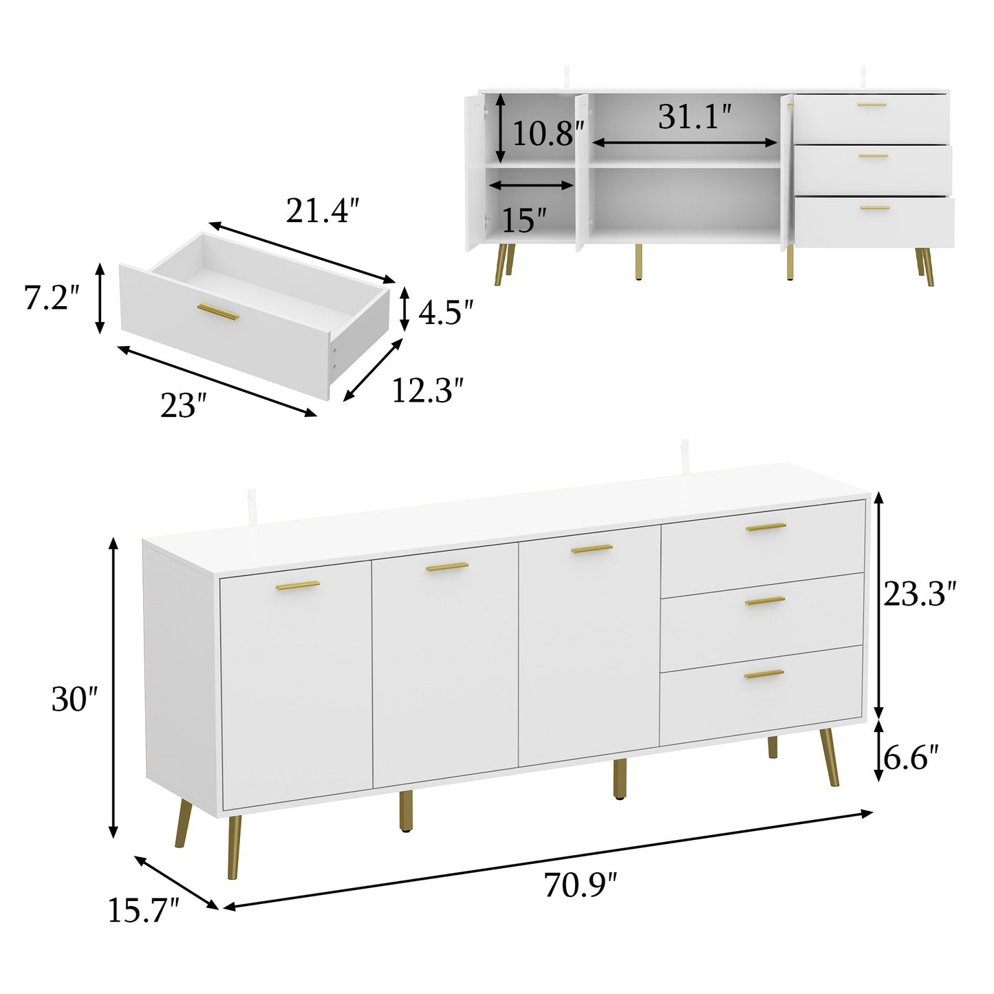 Buffet de 70,9 cm de large avec 3 portes et 3 tiroirs