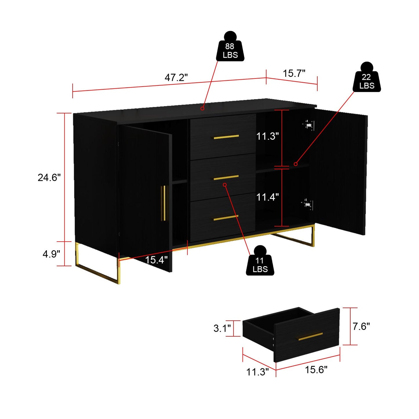Meuble de rangement à 3 tiroirs et 2 portes, pieds en métal, pour salle à manger et salon