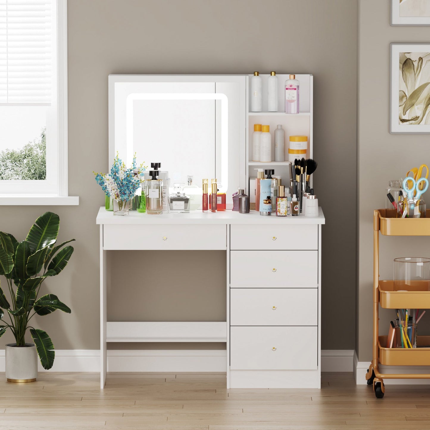 Ensemble coiffeuse avec miroir coulissant éclairé, tabouret rembourré, 5 tiroirs et étagères