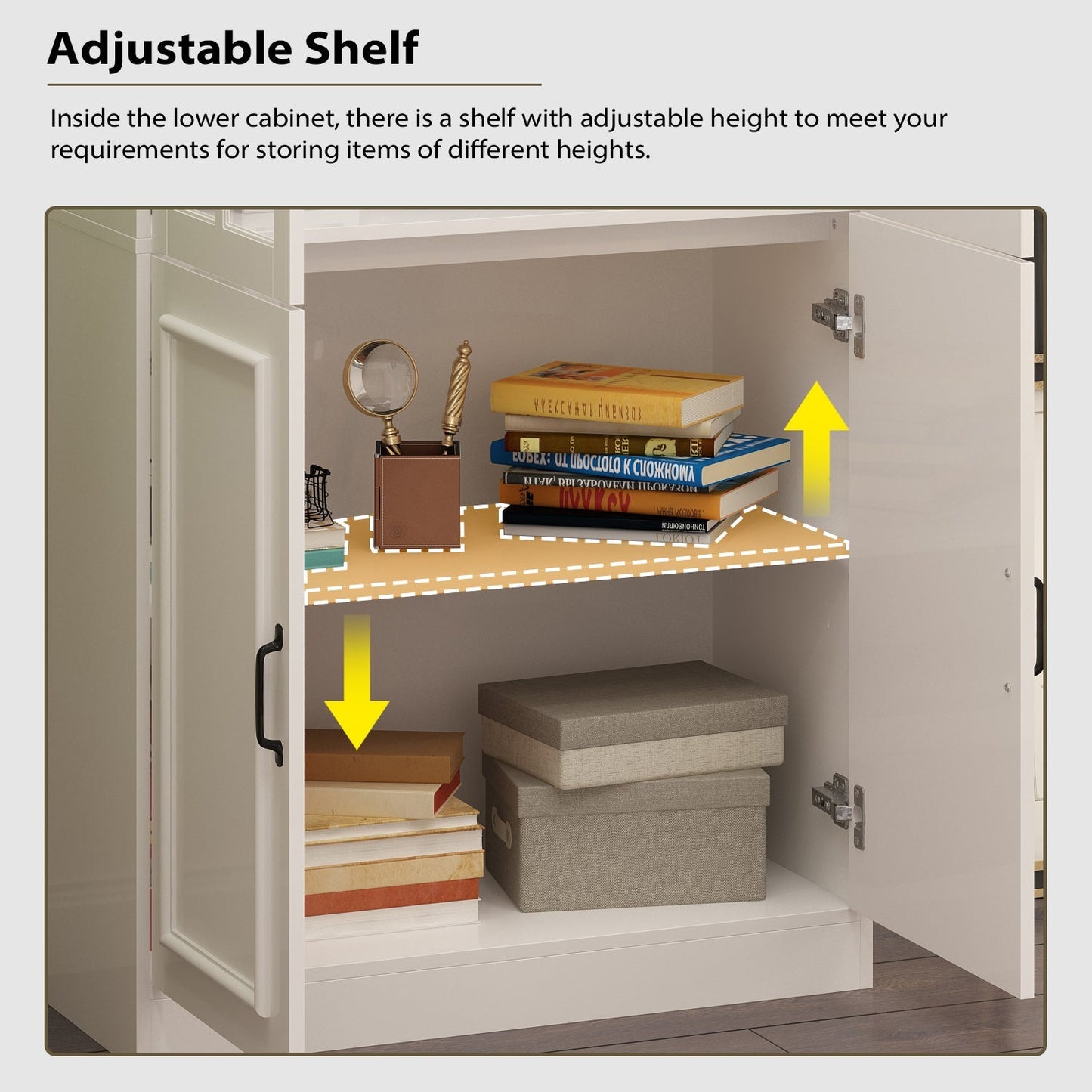 Vitrine d'angle avec étagère de rangement et bibliothèque, combinant 4 portes vitrées et 2 tiroirs