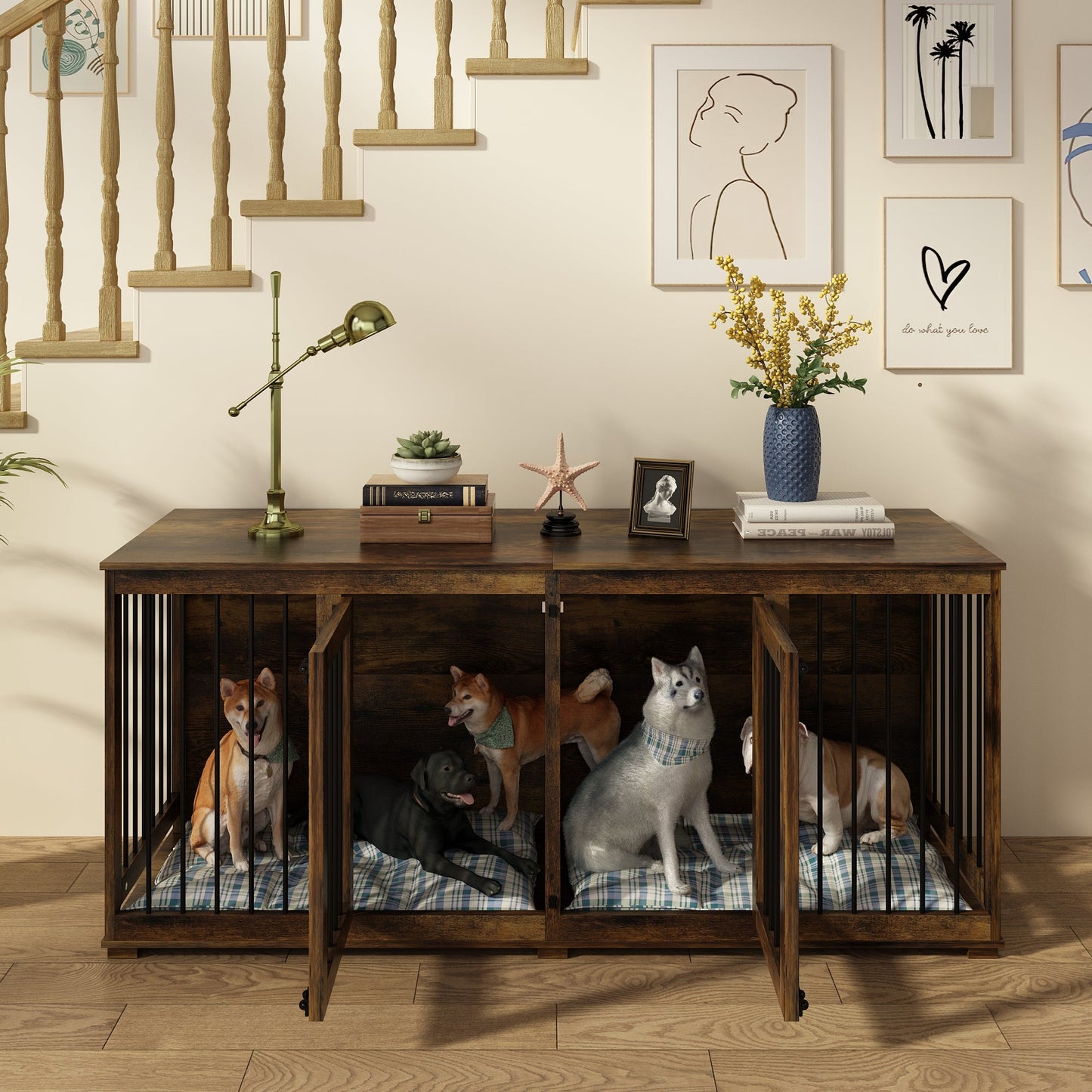 Cage pour animaux de compagnie à double porte de grande taille avec structure renforcée en acier