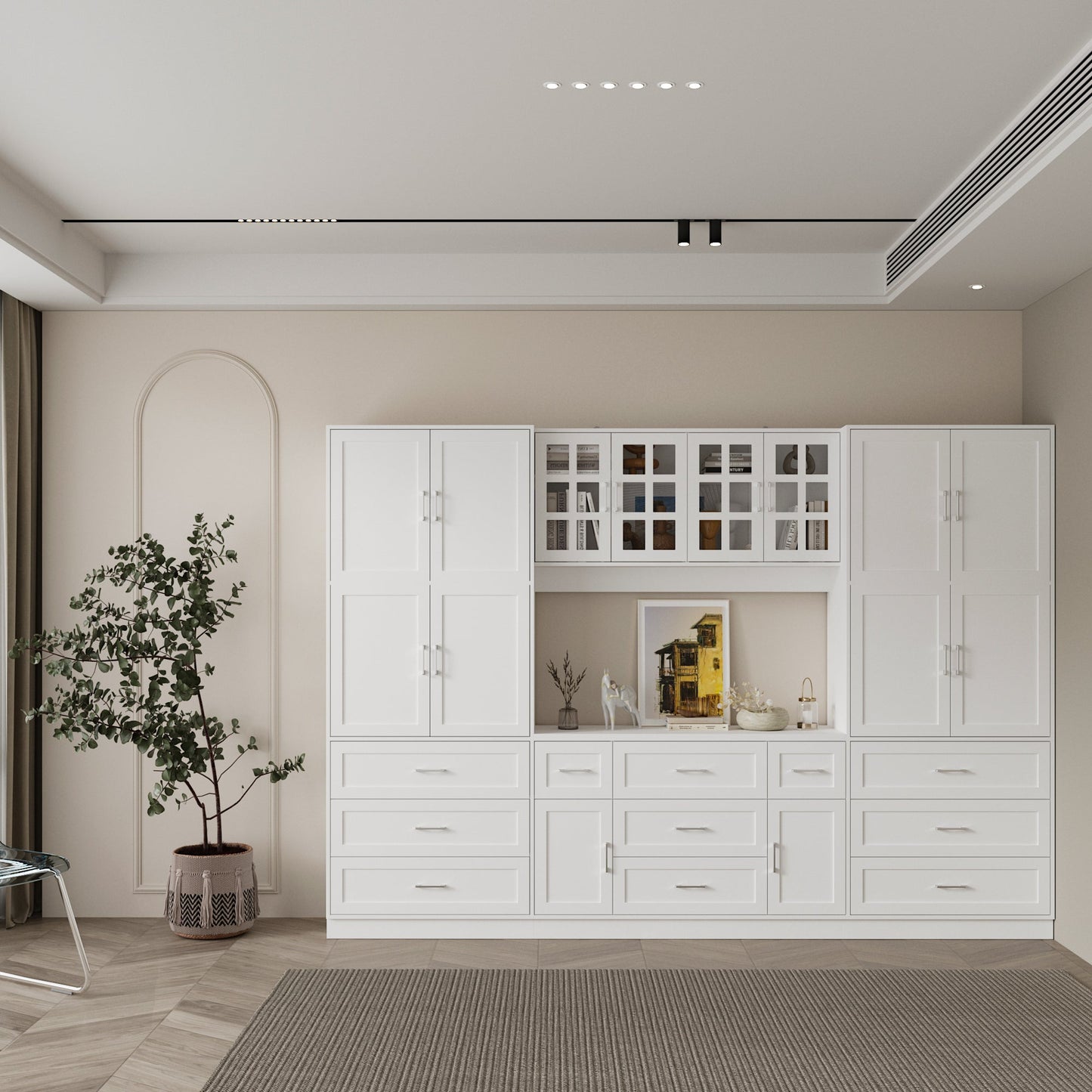 Bibliothèque à 11 tiroirs avec portes vitrées, 78,7 po H x 110 po L