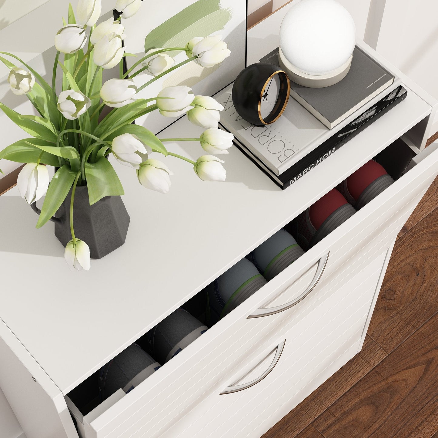 Meuble à chaussures à 2 tiroirs rabattables, meuble de rangement à chaussures à 2 niveaux pour entrée 