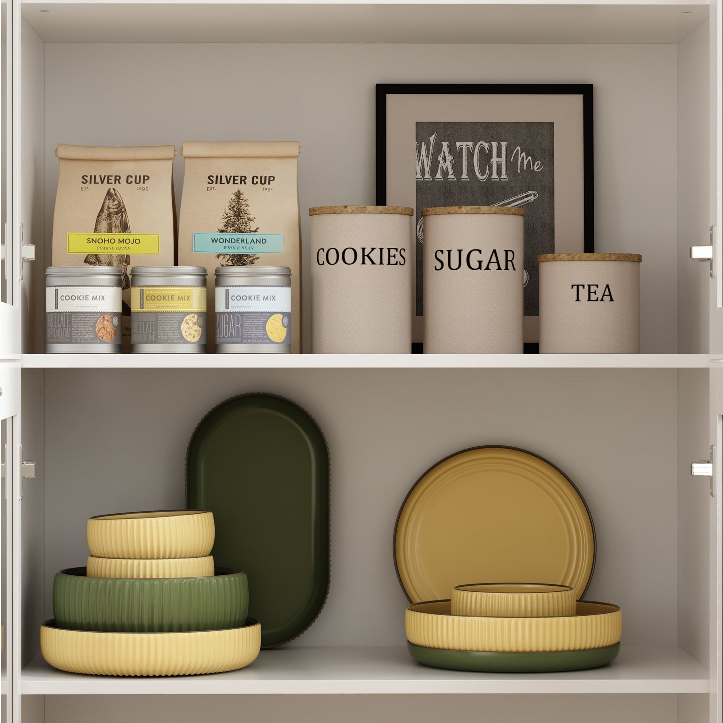 Bibliothèque haute à 6 portes vitrées et poignées coniques dorées