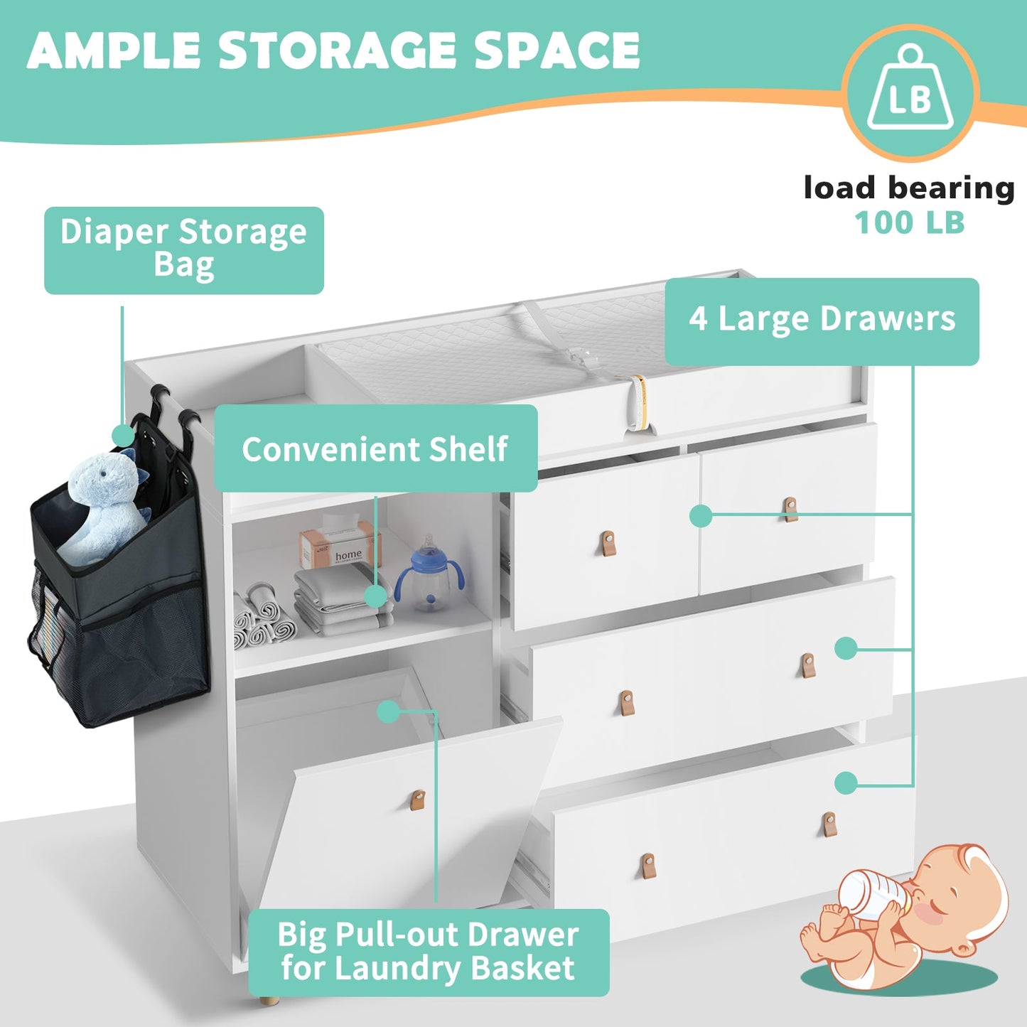 Table à langer pour bébé, commode, table de chambre d'enfant, commode à 5 tiroirs avec rangement ouvert