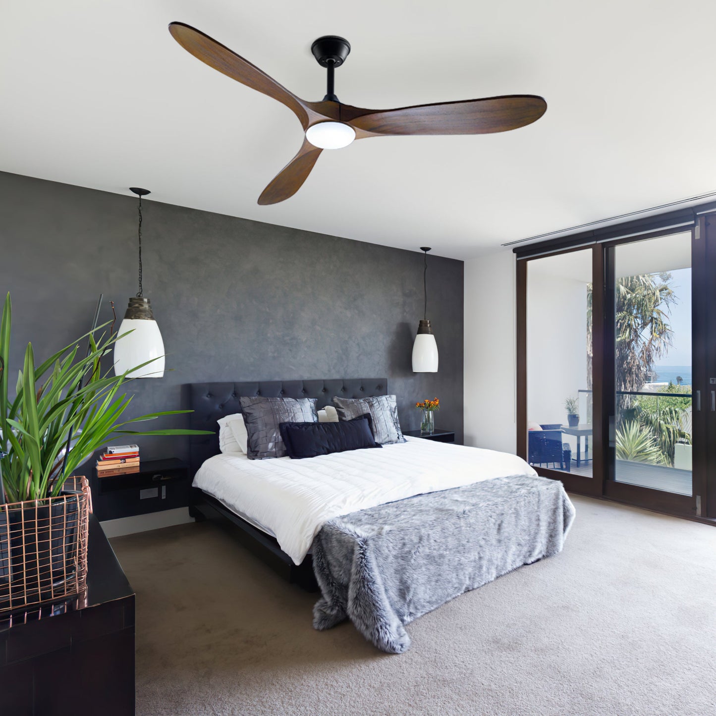 Ventilateur de plafond avec éclairage, télécommande, 3 pales réversibles en bois, 2 tiges de suspension