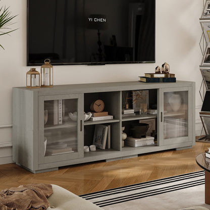 Meuble TV de rangement de 66 pouces de large avec portes coulissantes en verre