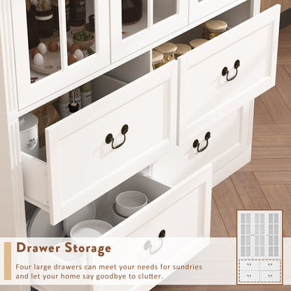 Grande bibliothèque vitrine avec étagères de rangement, 3 portes vitrées et 4 tiroirs avec poignées en métal