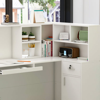 Bureau d'accueil en forme de L avec grands classeurs de rangement 