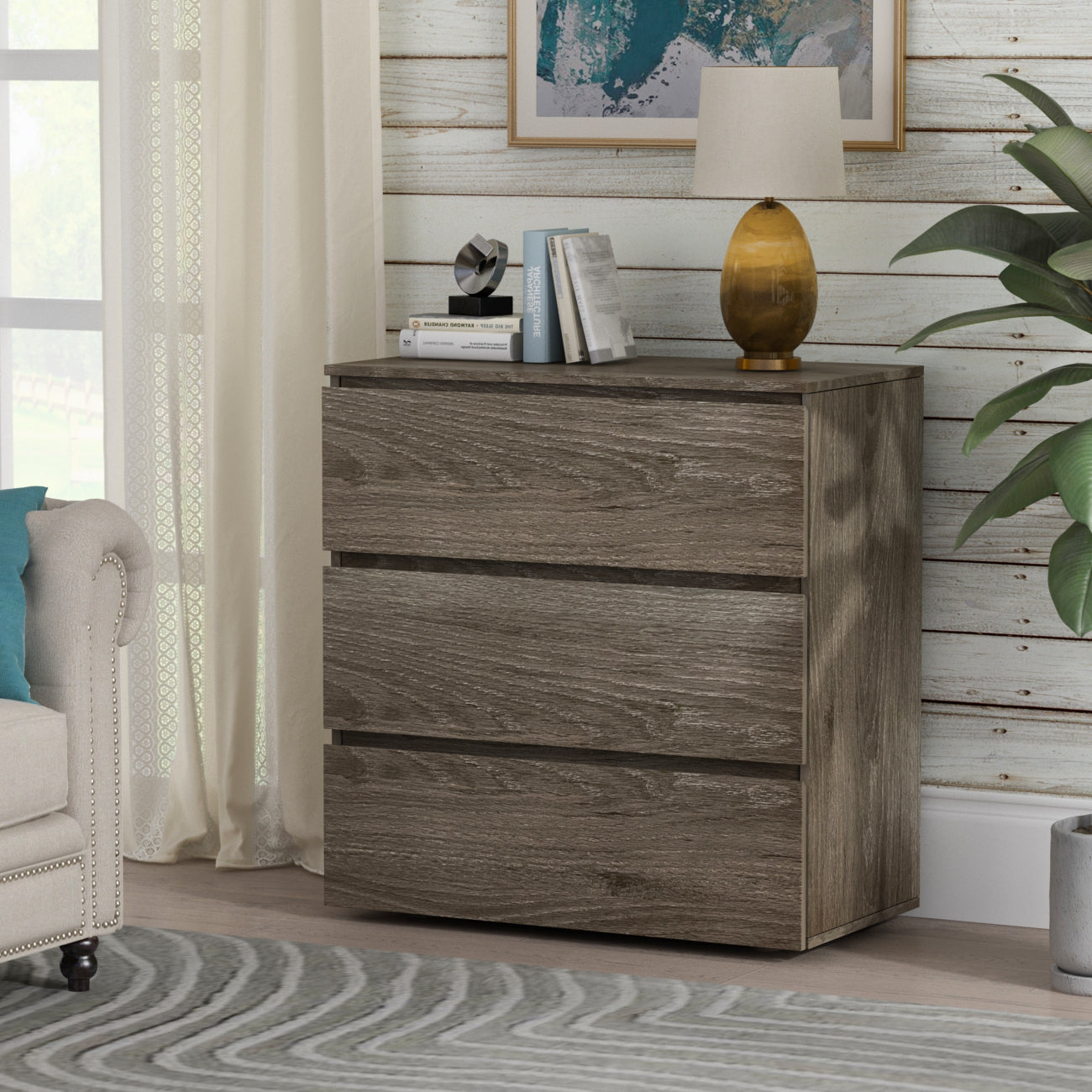 Commode à 3 tiroirs, buffet blanc avec 3 tiroirs sans poignées 