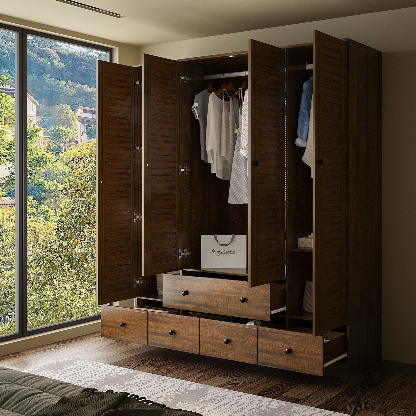 Grande armoire-penderie pour chambre à coucher, meuble de rangement à 4 portes et 5 tiroirs