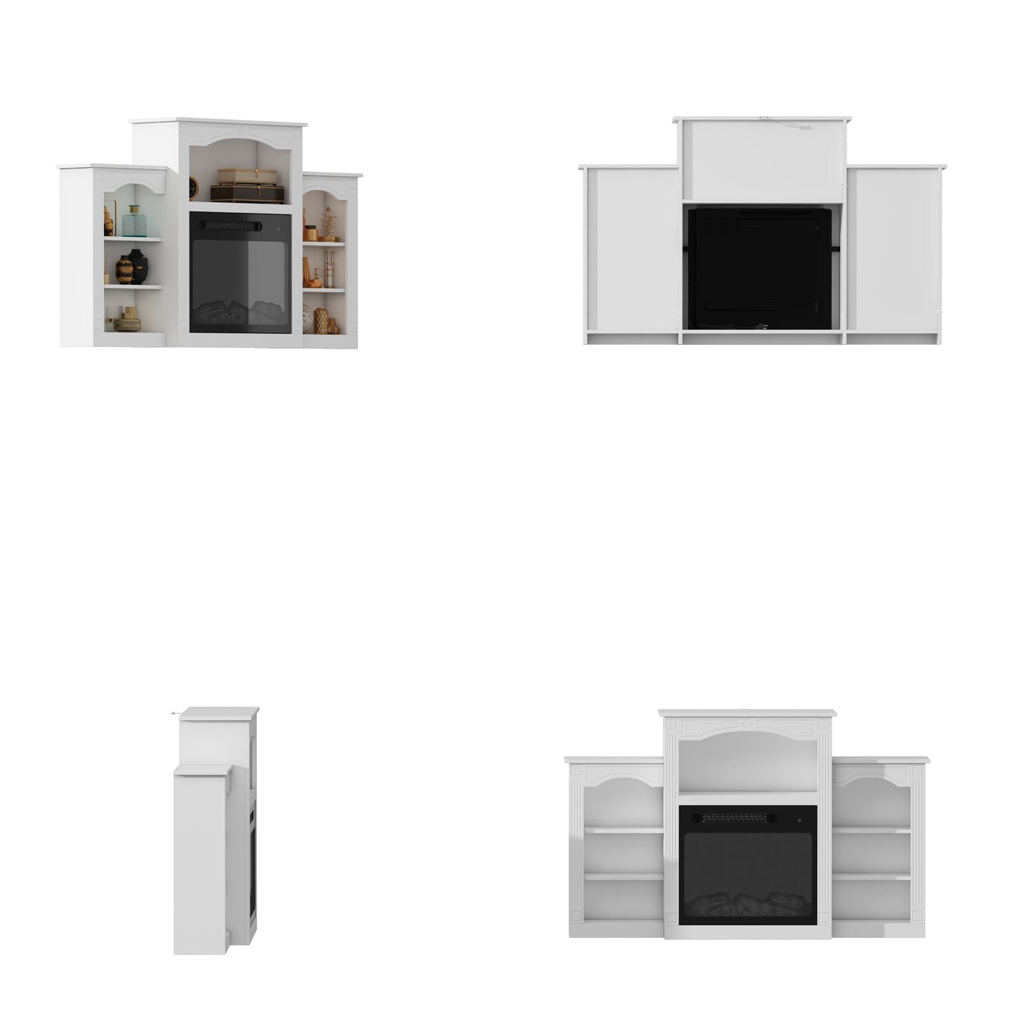 Meuble TV avec cheminée chauffante blanche de 150 cm de large, étagères ouvertes et minuterie