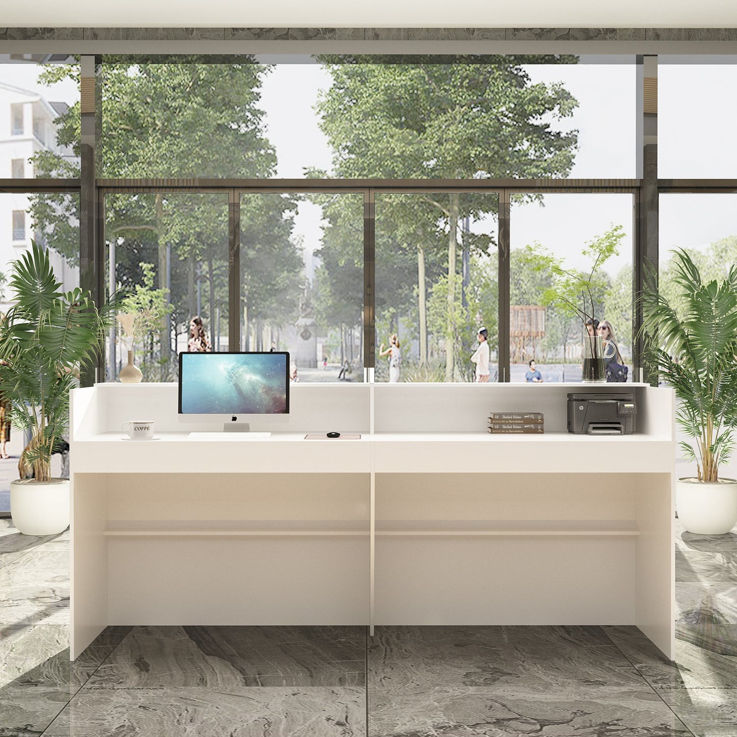 Bureau d'accueil rectangulaire en bois massif et composite