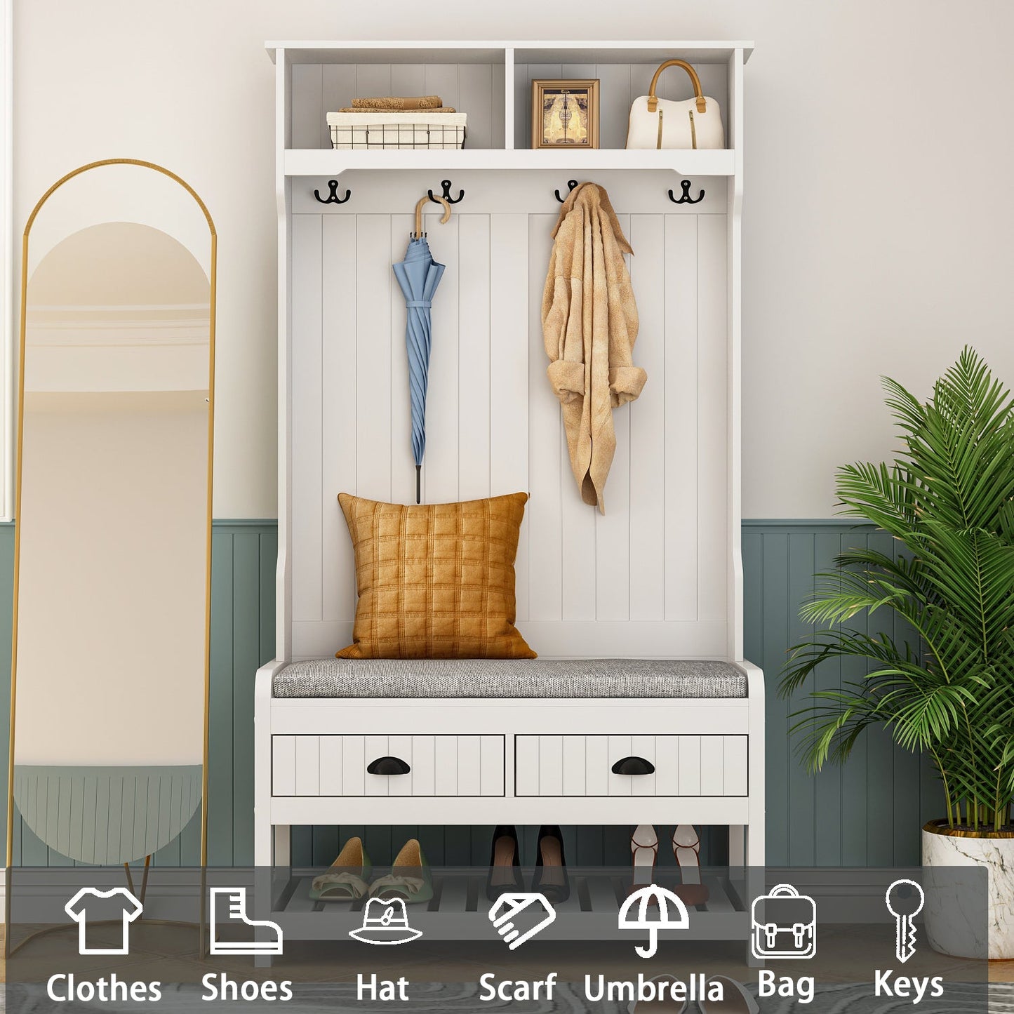 Meuble d'entrée moderne 4 en 1 avec banc de rangement, porte-manteau, étagères et tiroirs pour entrée ou salon