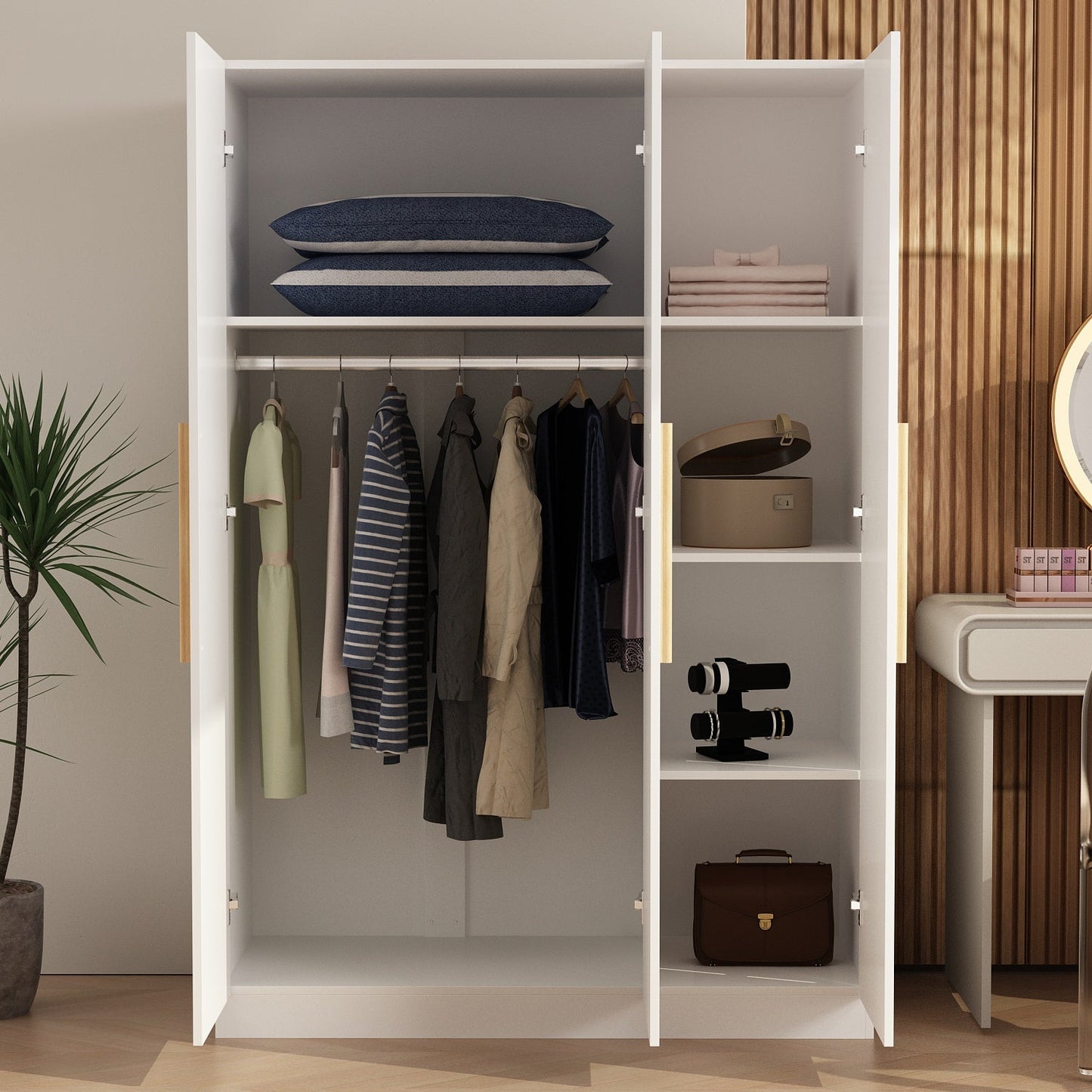 Armoire de rangement en bois manufacturé, grande penderie familiale avec barres de suspension