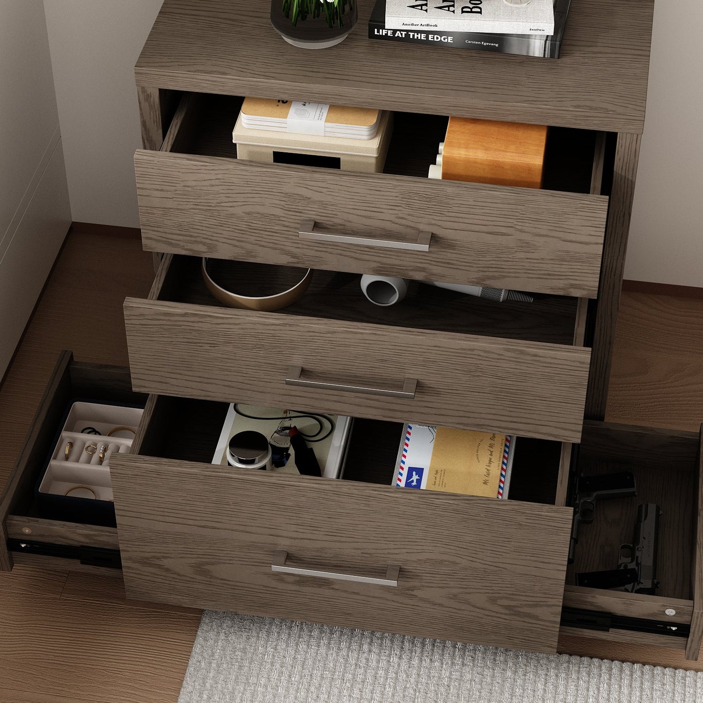 Table de chevet à 3 tiroirs avec compartiment caché