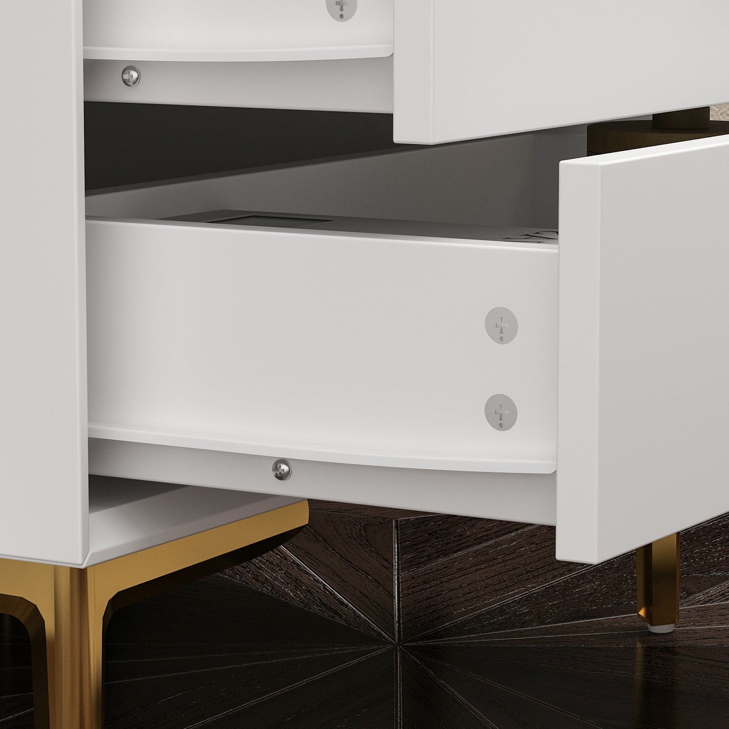 Table de chevet noire avec pieds en métal doré et 3 tiroirs