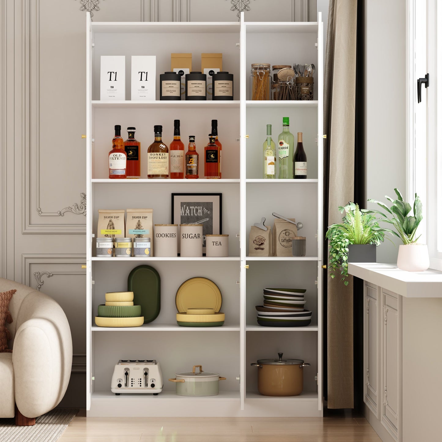 Bibliothèque haute à 6 portes vitrées et poignées coniques dorées