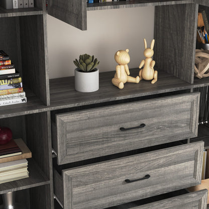 Meuble de rangement modulaire élégant : design épuré et combinaison de compartiments ouverts et fermés.