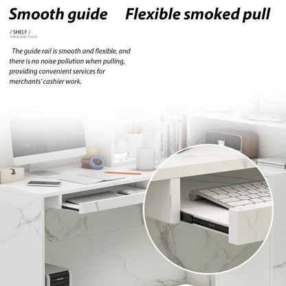 Bureau d'accueil en forme de L avec grands classeurs de rangement 