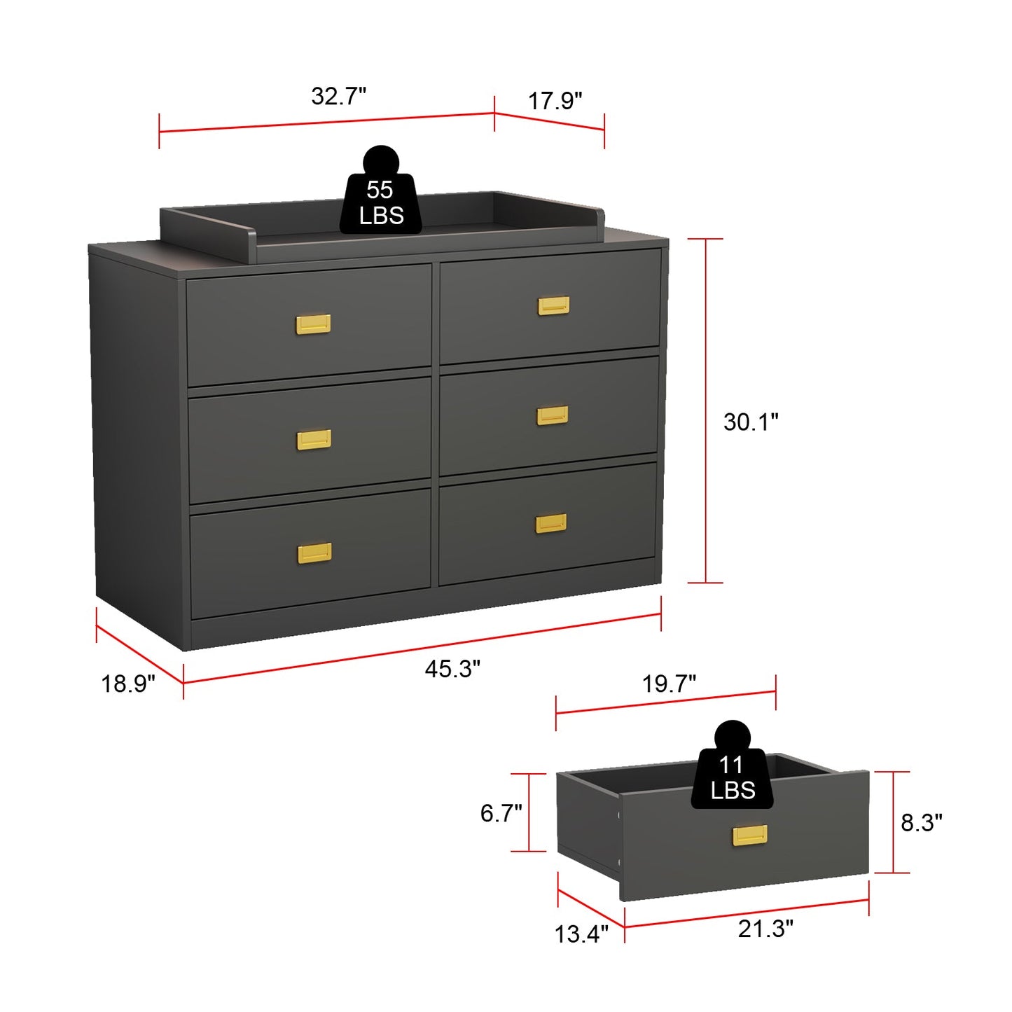 Commode à langer pour chambre d'enfant, buffet non toxique, finition blanche, 6 tiroirs