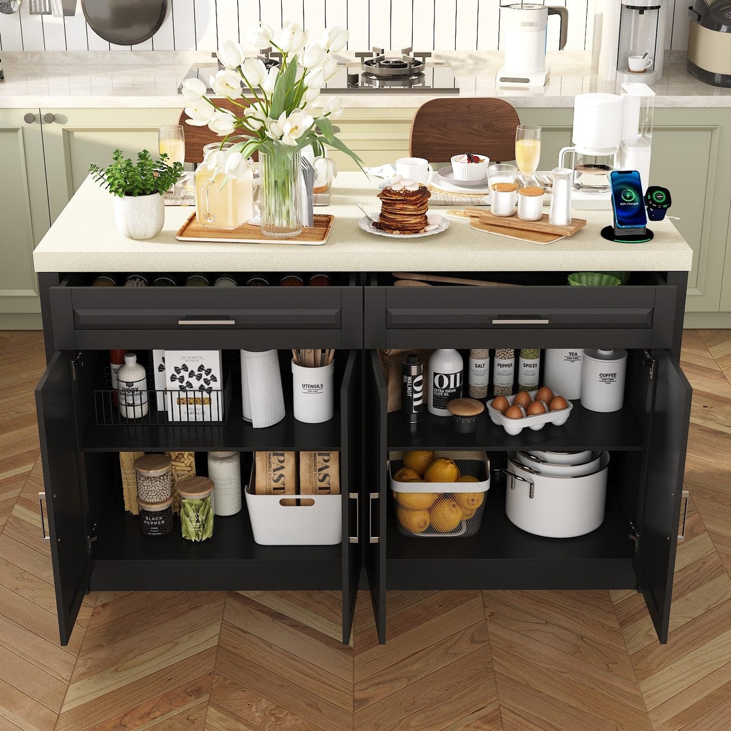 Îlot de cuisine de 61 po de largeur avec 2 tiroirs et 4 portes