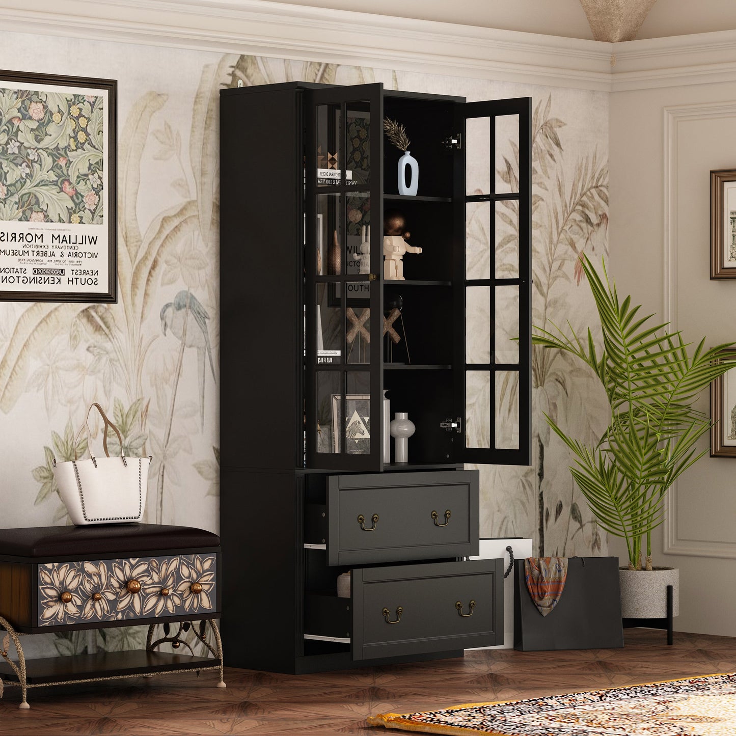 Bibliothèque vitrine avec 2 tiroirs et portes vitrées