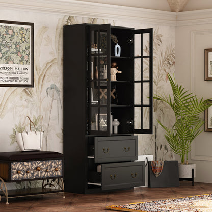 Bibliothèque vitrine avec 2 tiroirs et portes vitrées