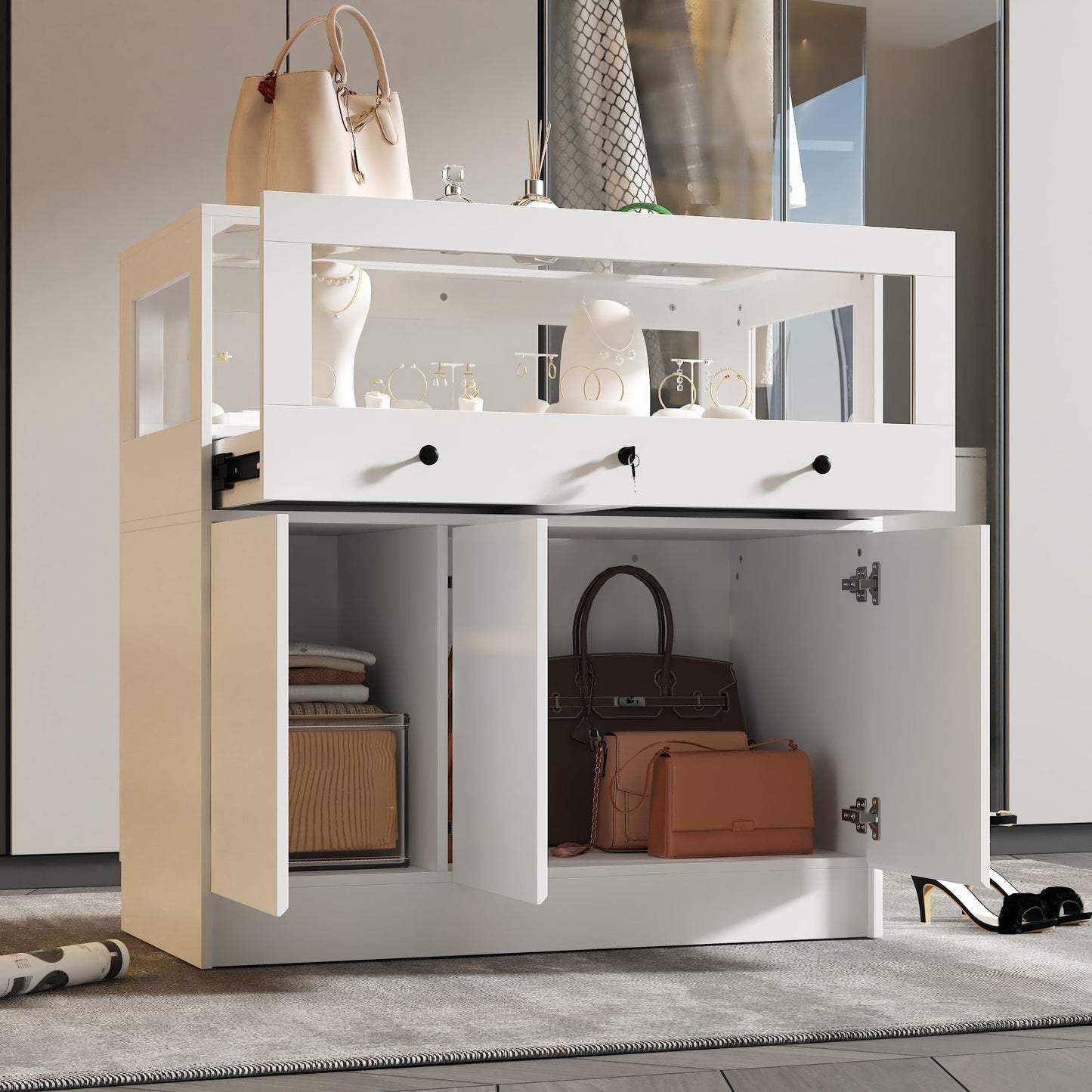 Armoire à bijoux à 1 tiroir et 3 portes avec plateau en verre trempé