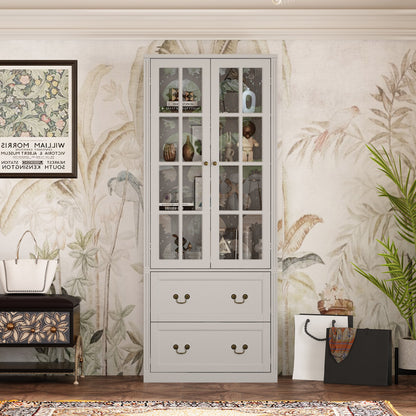 Bibliothèque vitrine avec 2 tiroirs et portes vitrées