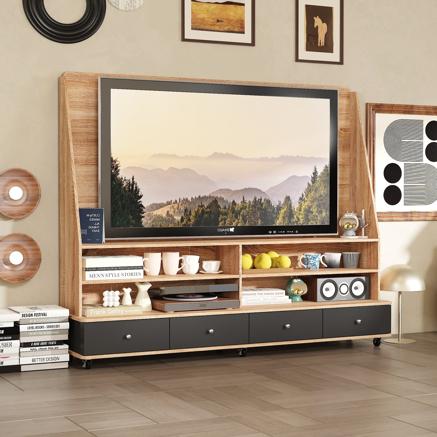 Meuble TV/console multimédia de 70 pouces de large à 4 tiroirs avec support TV et 6 roues