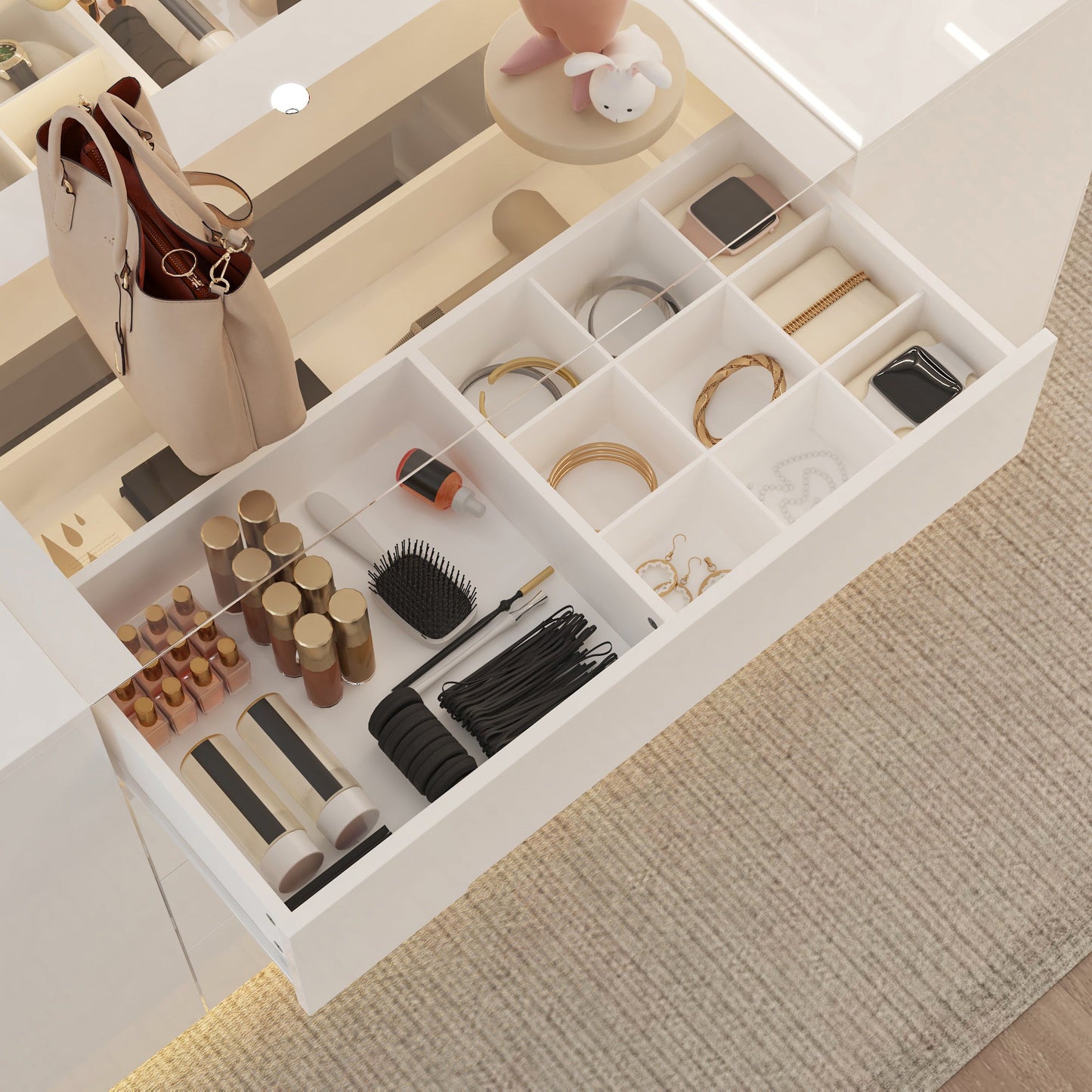 Commode à 16 tiroirs au design élégant et plateau en verre trempé