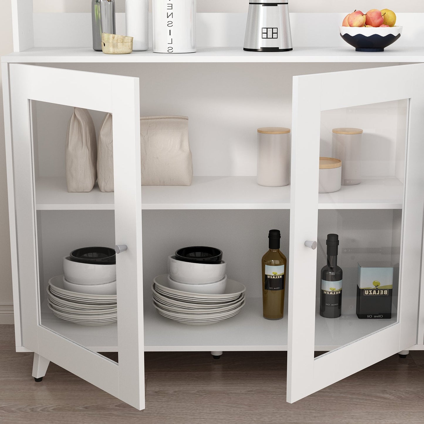 Grand placard de rangement de cuisine 63W avec étagère supérieure, 4 portes, 4 tiroirs et étagère pour micro-ondes 