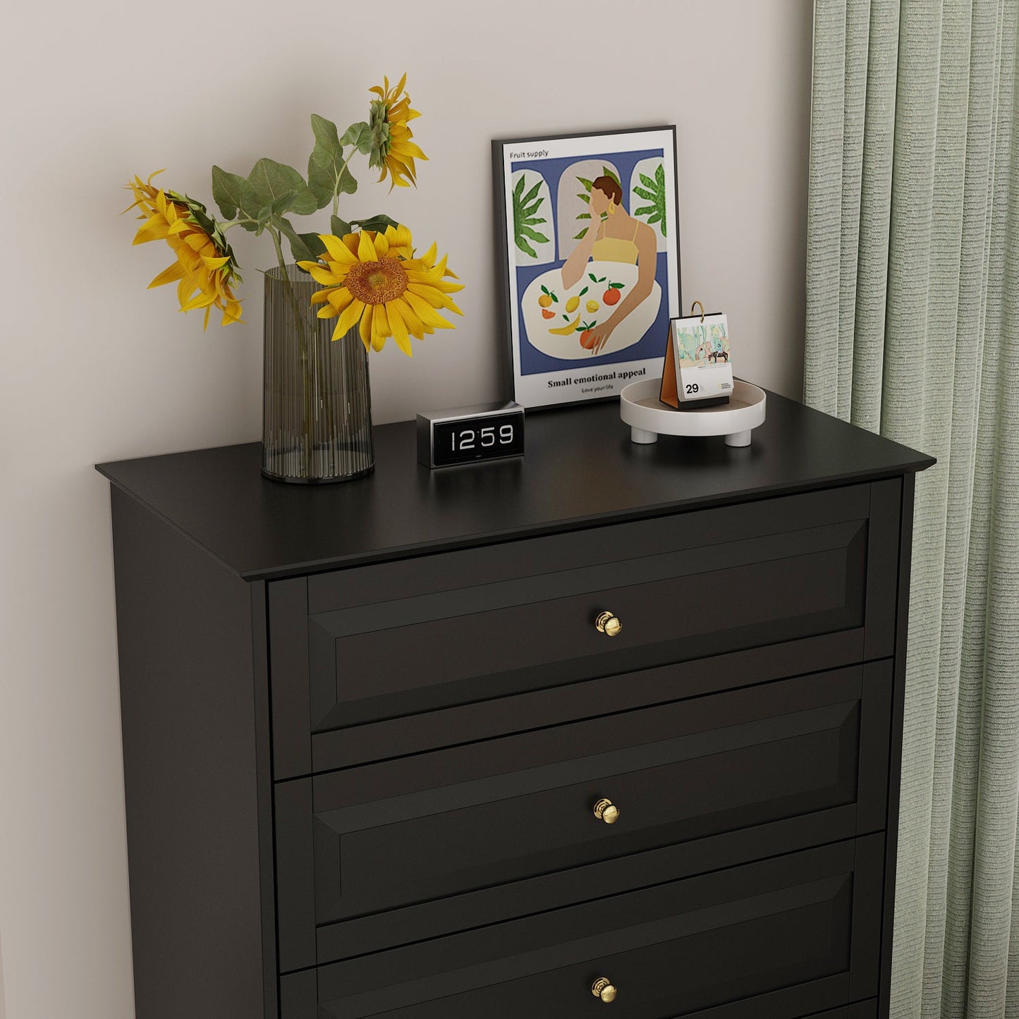 Meuble de présentation vertical moderne en bois noir à 5 tiroirs