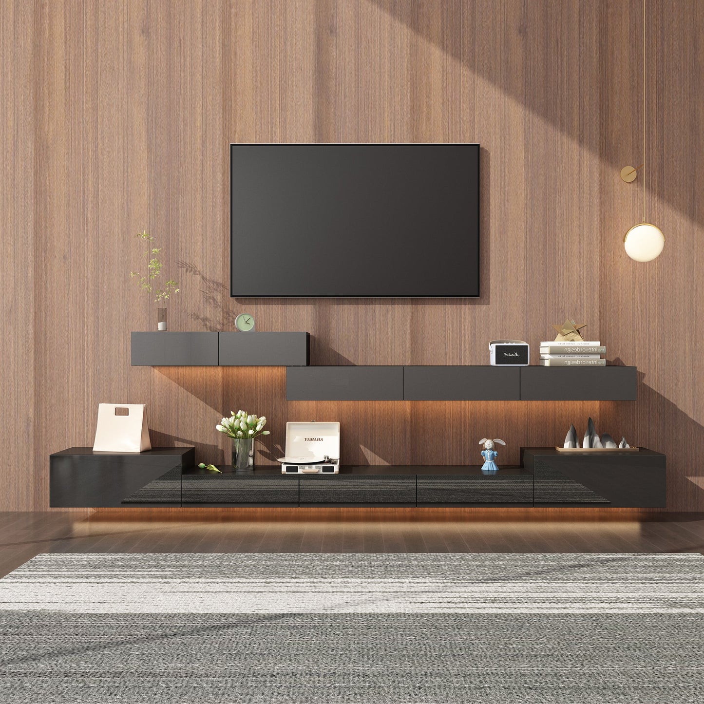 Meuble TV 2 pièces laqué brillant avec éclairage