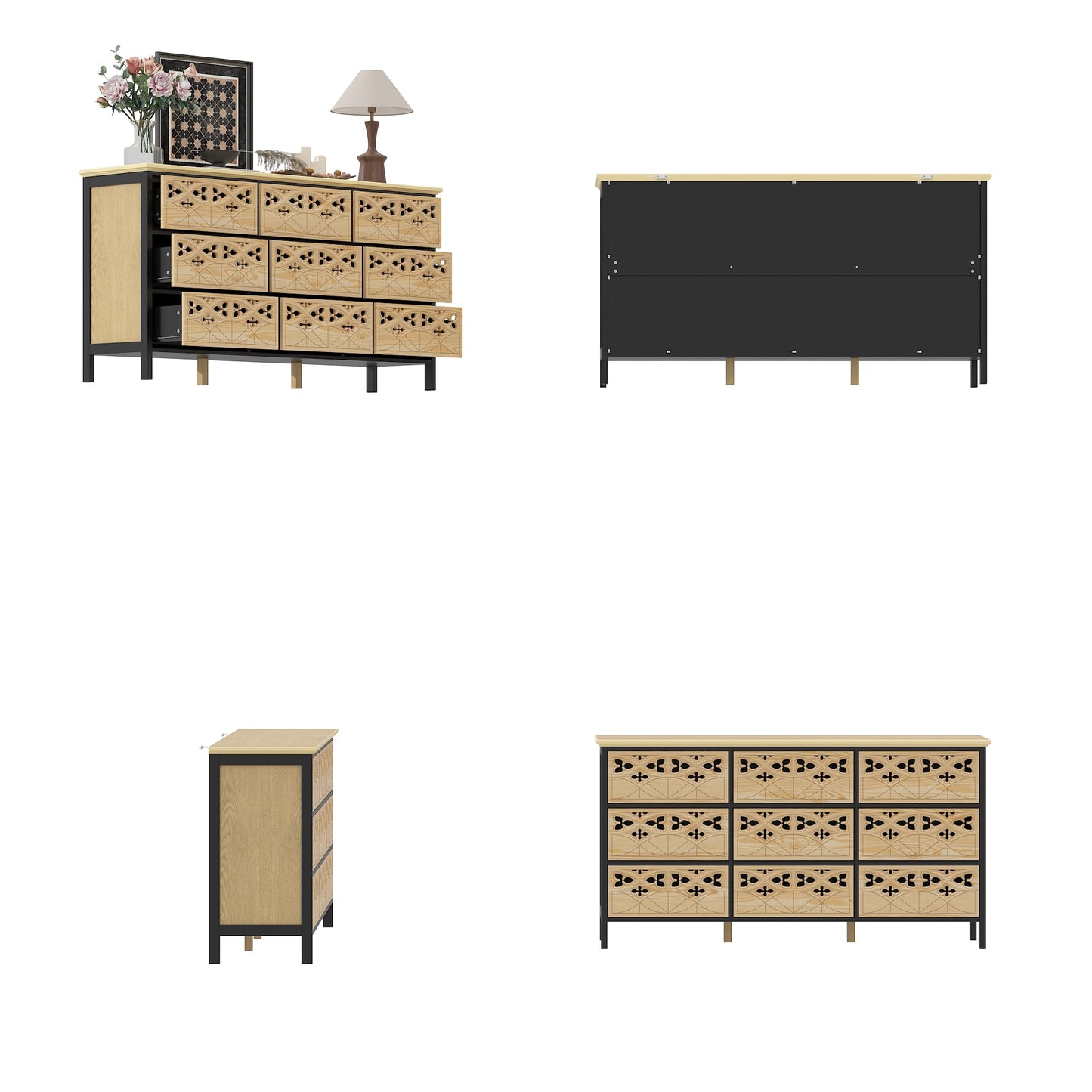 Commode à neuf tiroirs sculptée et ajourée d'une finesse exquise. L'élégance alliée à la fonctionnalité.