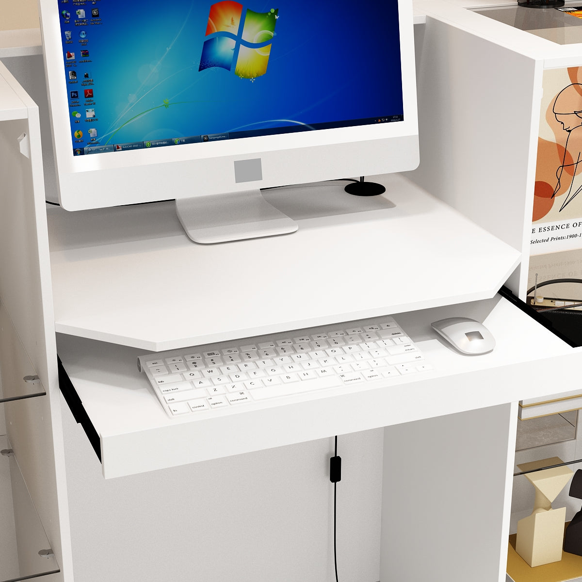 Comptoir d'accueil de 150 cm de large avec vitrines, éclairage LED et verre transparent