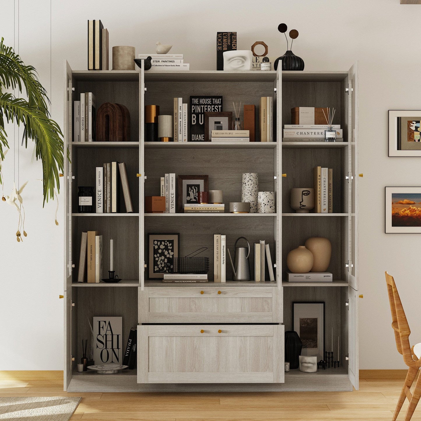 Bibliothèque modulaire à 4 tiroirs avec portes en verre dépoli, 71 po H x 126 po L