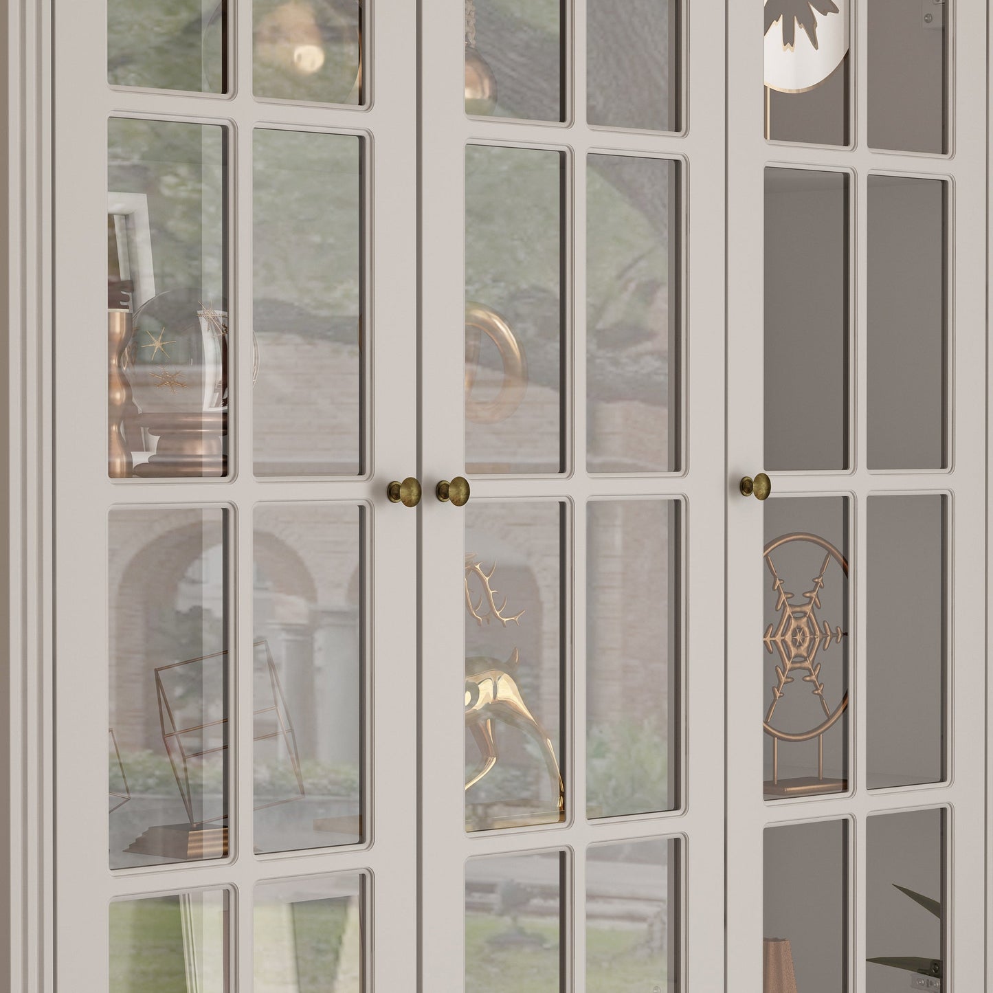 Grande bibliothèque vitrine avec étagères de rangement, 3 portes vitrées et 4 tiroirs avec poignées en métal