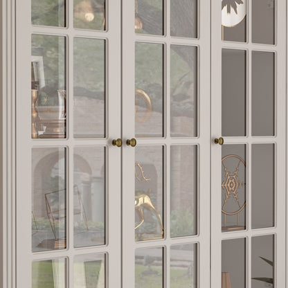 Grande bibliothèque vitrine avec étagères de rangement, 3 portes vitrées et 4 tiroirs avec poignées en métal