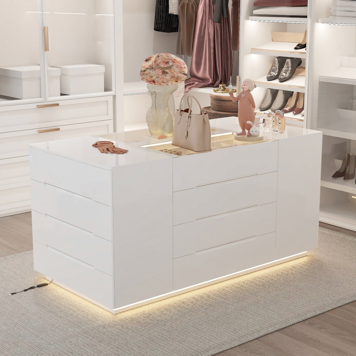 Commode à 16 tiroirs au design élégant et plateau en verre trempé