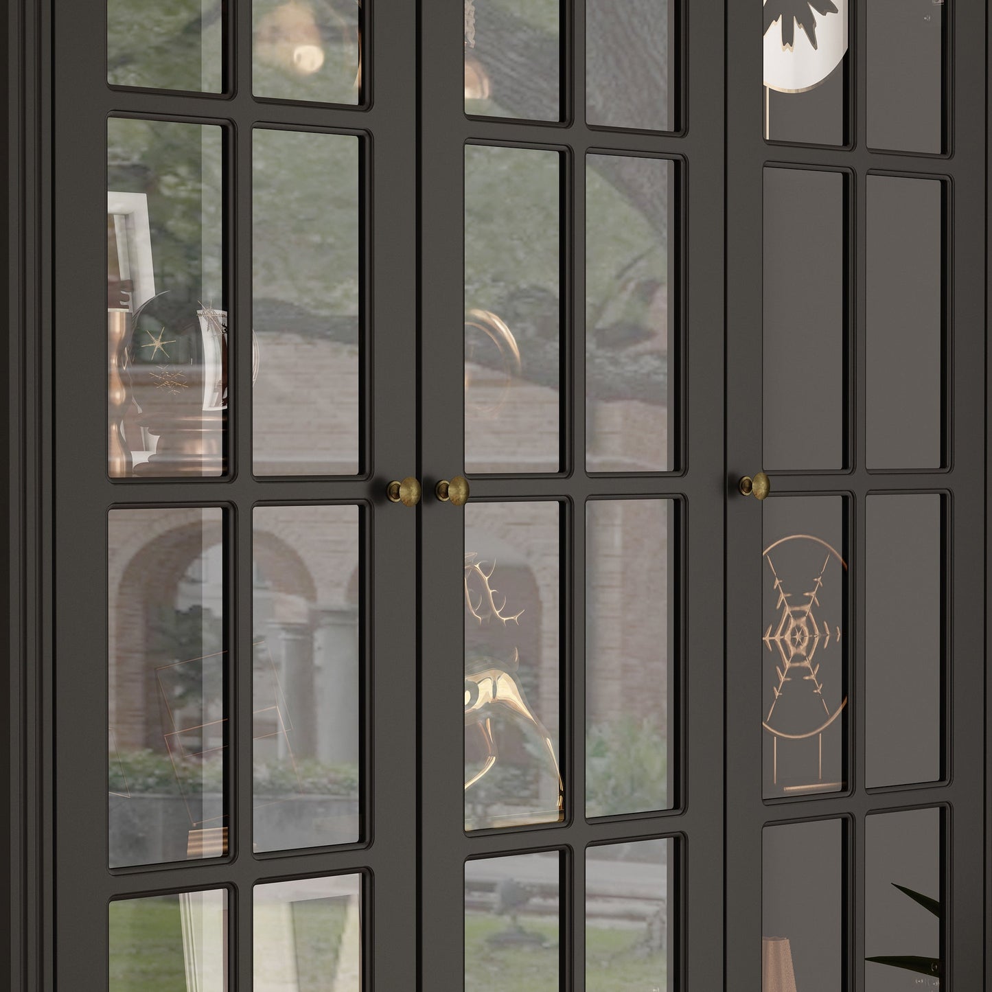 Grande bibliothèque vitrine avec étagères de rangement, 3 portes vitrées et 4 tiroirs avec poignées en métal