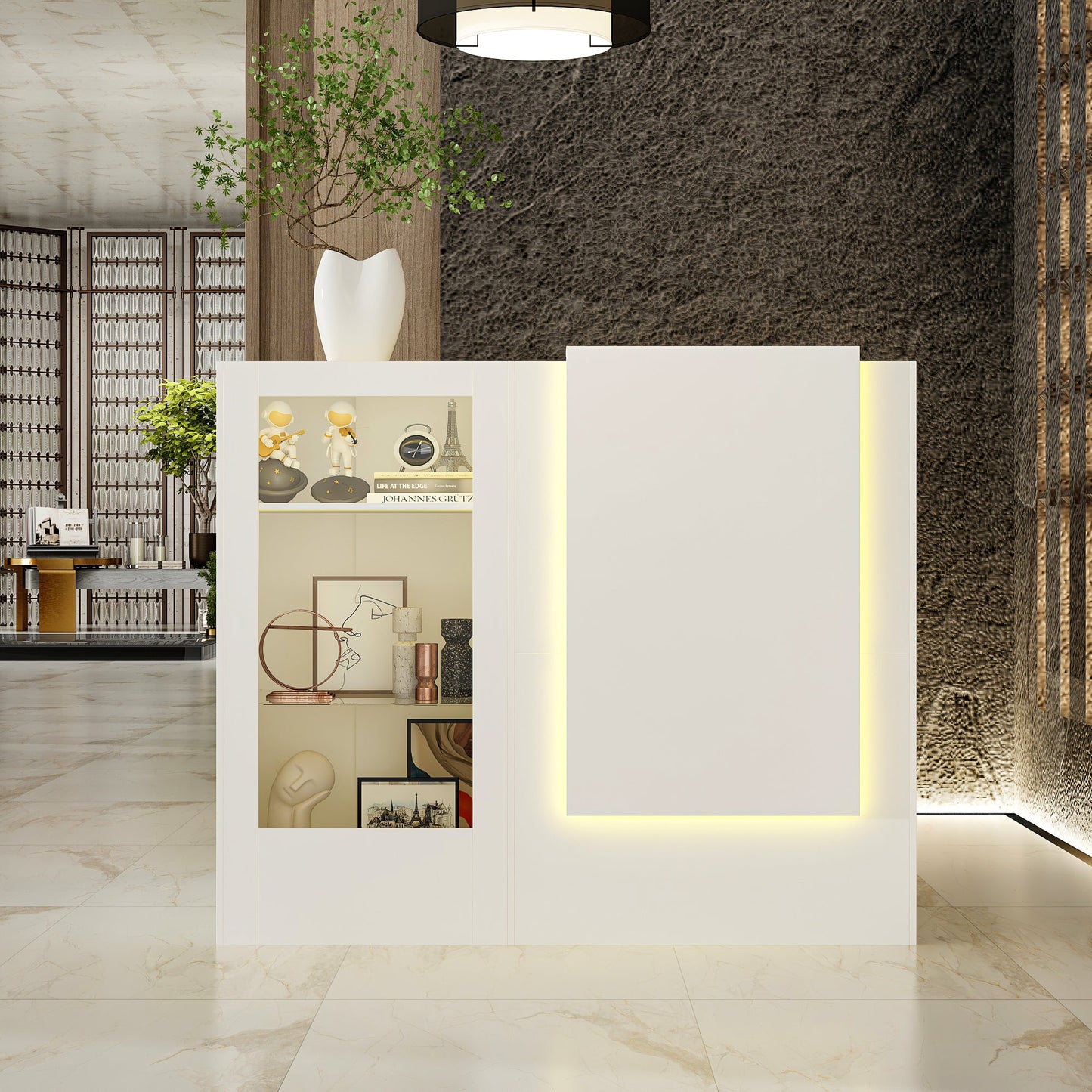 Comptoir d'accueil moderne à éclairage LED avec étagères ouvertes et compartiments de rangement