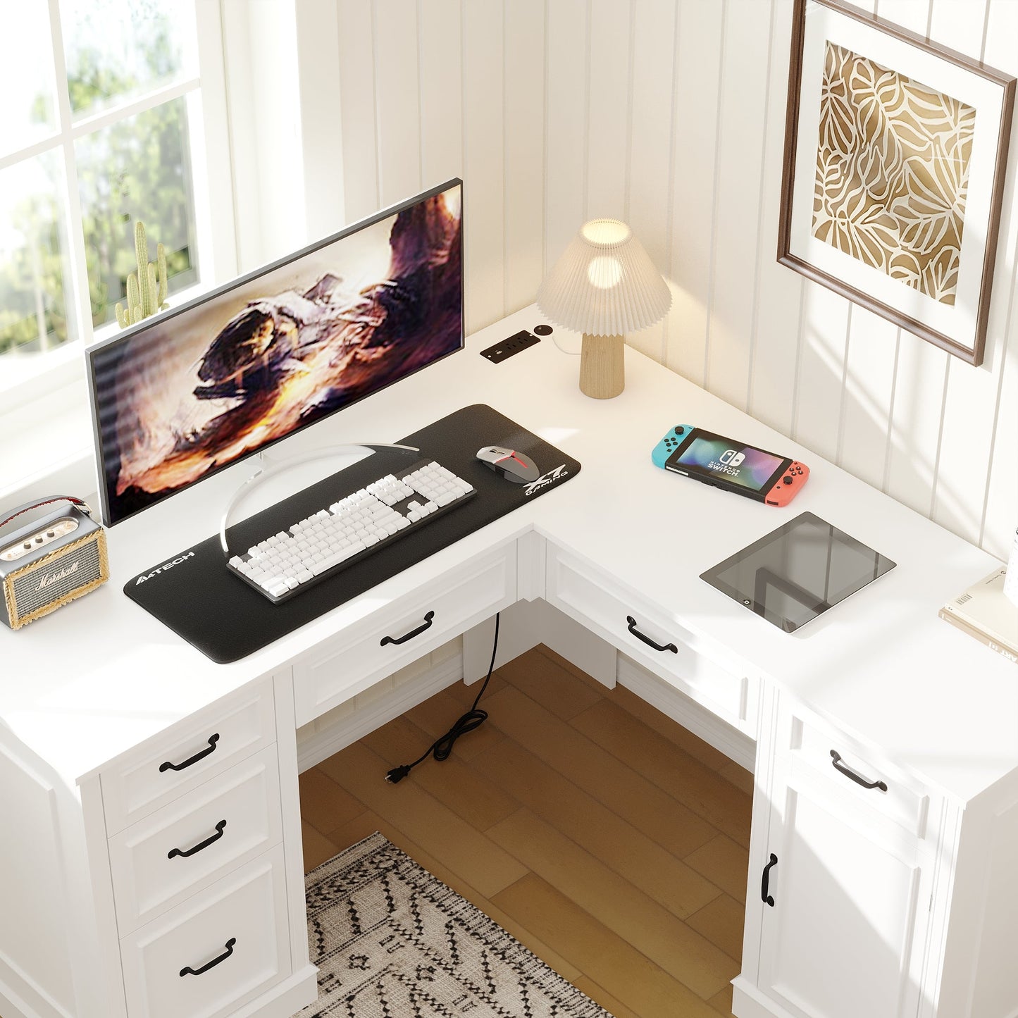 Bureau d'ordinateur en L de 160 cm de large avec tiroir à dossiers suspendus