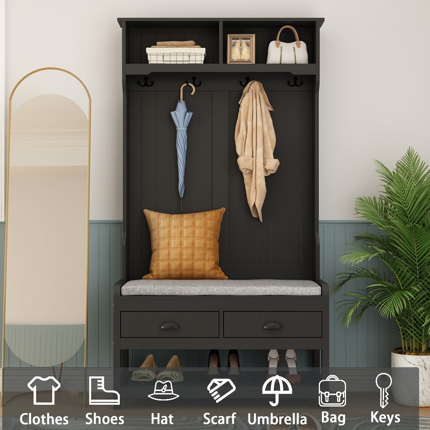 Meuble d'entrée moderne 4 en 1 avec banc de rangement, porte-manteau, étagères et tiroirs pour entrée ou salon