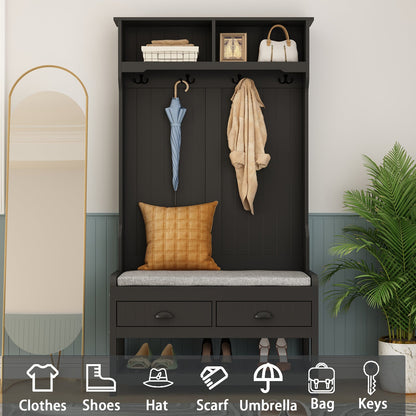 Meuble d'entrée moderne 4 en 1 avec banc de rangement, porte-manteau, étagères et tiroirs pour entrée ou salon