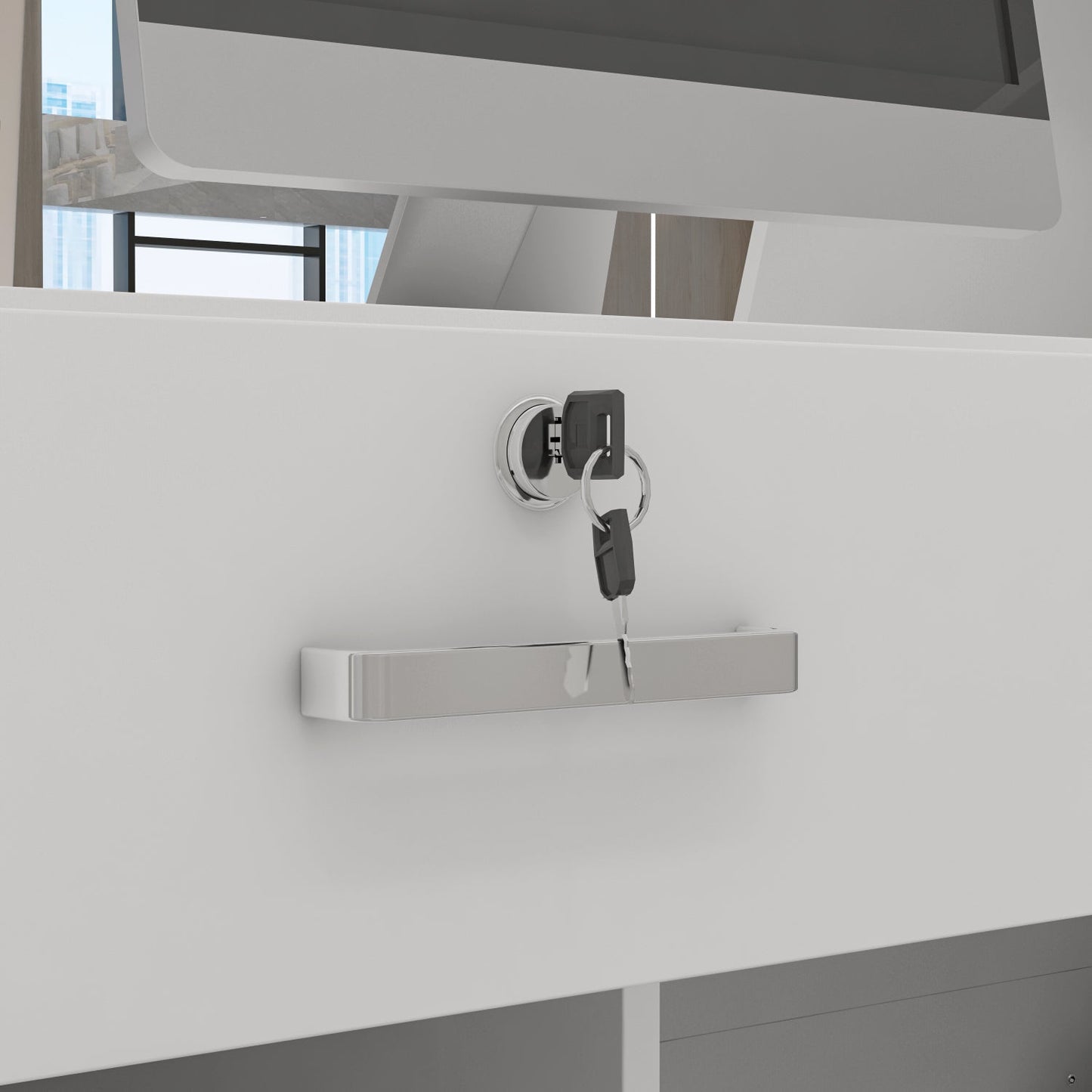 Bureau d'accueil avec comptoir, tiroir verrouillable et étagère