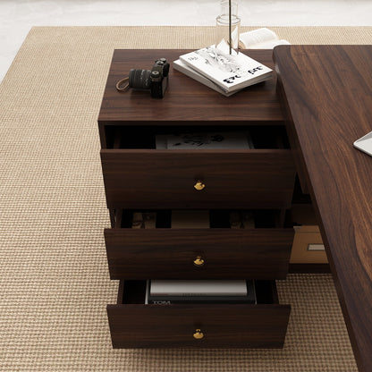 Bureau d'ordinateur en forme de L pour bureau à domicile, bureau moderne avec 3 tiroirs et pieds en bois