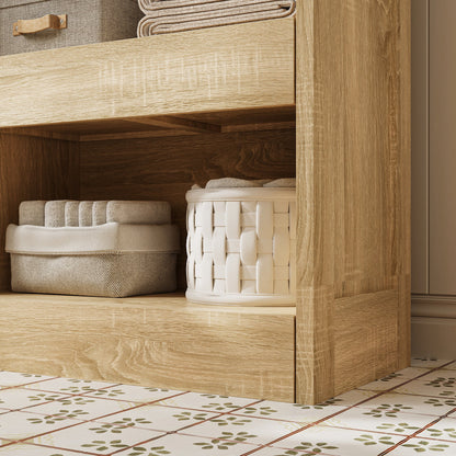 Armoire à linge de salle de bain élégante avec tiroirs dissimulés et étagères ouvertes