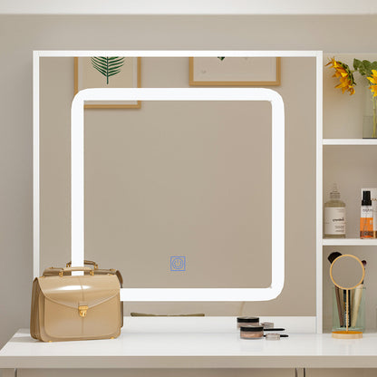 Ensemble coiffeuse avec miroir coulissant éclairé, tabouret rembourré, 5 tiroirs et étagères